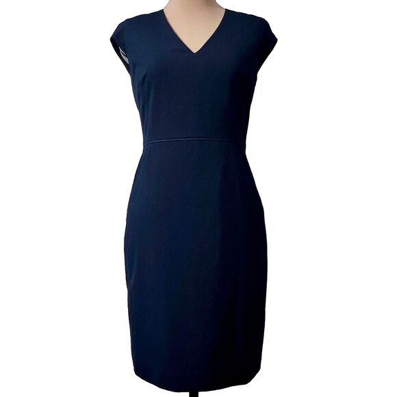 Ann Taylor's Navy Blue V-Neck Cap Sleeve Back Zip Sheath Dress - Picture 2 of 12